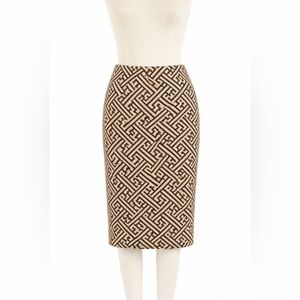 Lafayette 148 New York Geometric Cotton Blend Pencil Skirt Sz 2 Dark Brown Cream